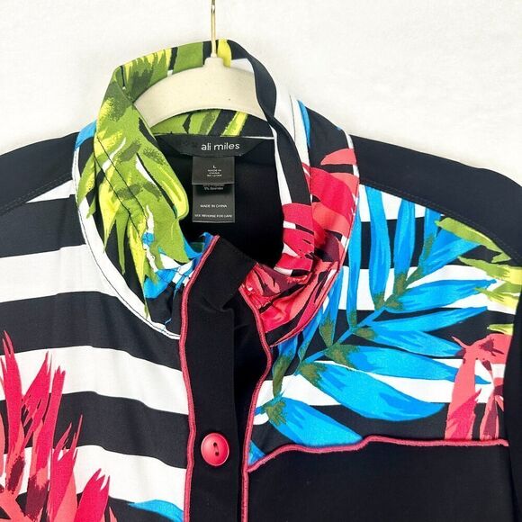 Ali Miles Wire Collar Slinky Button Front Shirt Size Large Tropical 3/4 Sleeve - Picture 3 of 7